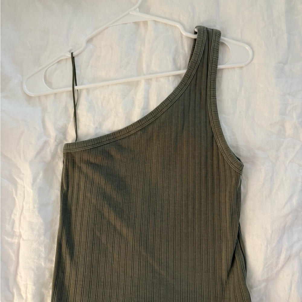 American Eagle Olive Ribbed One-Shoulder Top
